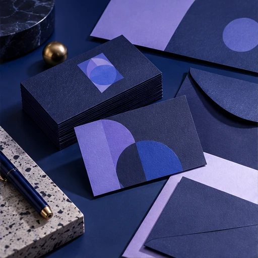 Illustrative navy business cards and matching branded stationery