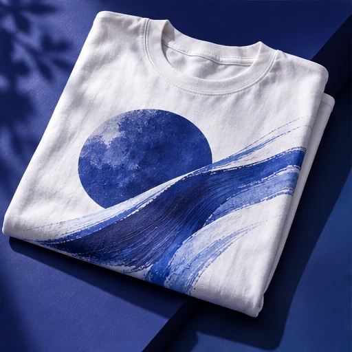 White T-shirt with a blue abstract printed design
